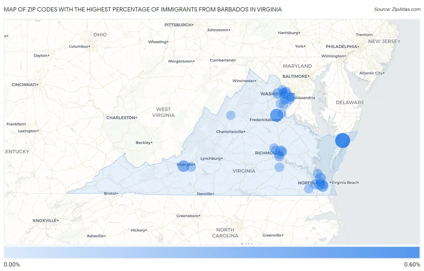 Zip Codes with the Highest Percentage of Immigrants from Barbados in Virginia Map