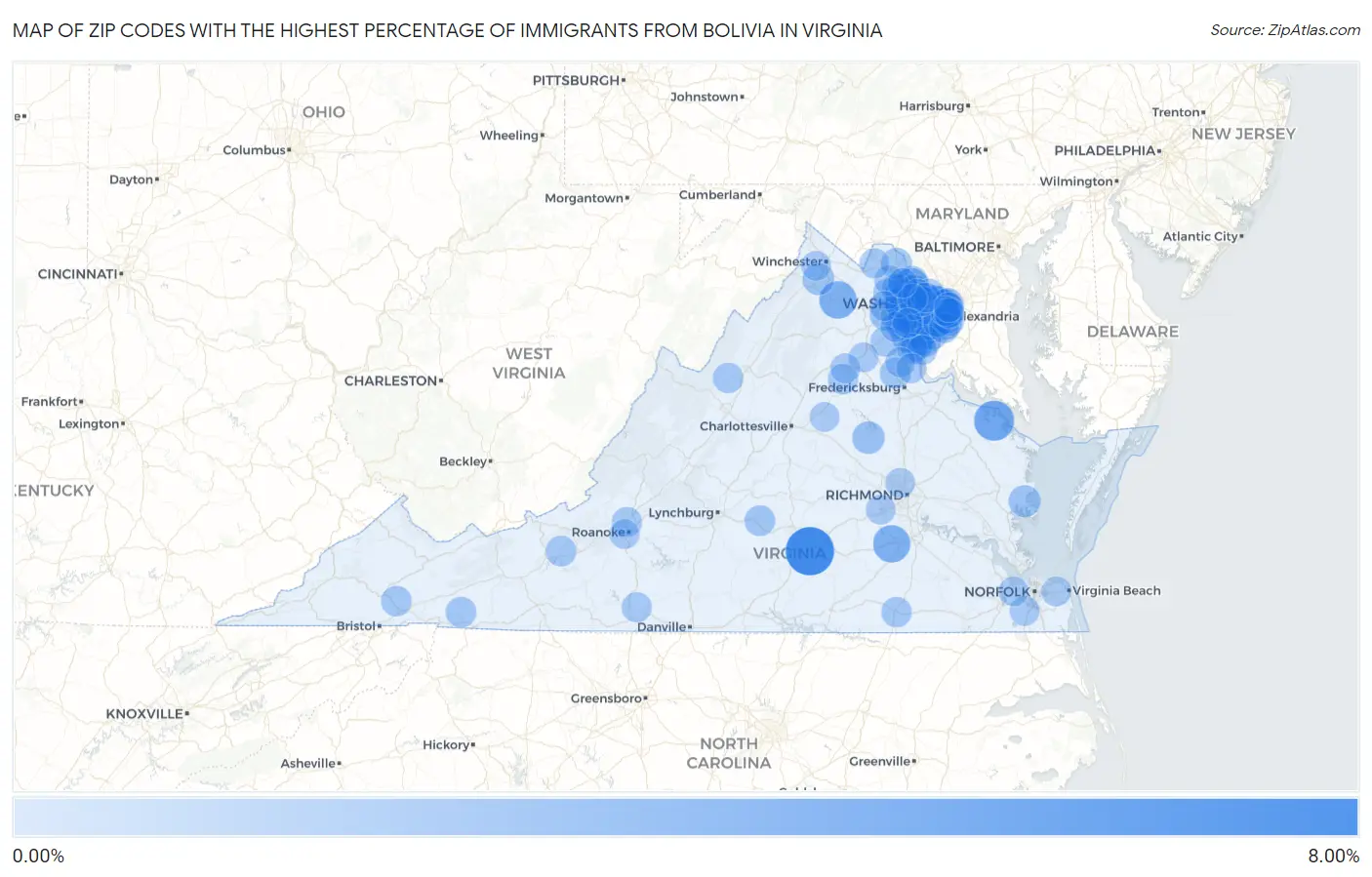 Zip Codes with the Highest Percentage of Immigrants from Bolivia in Virginia Map