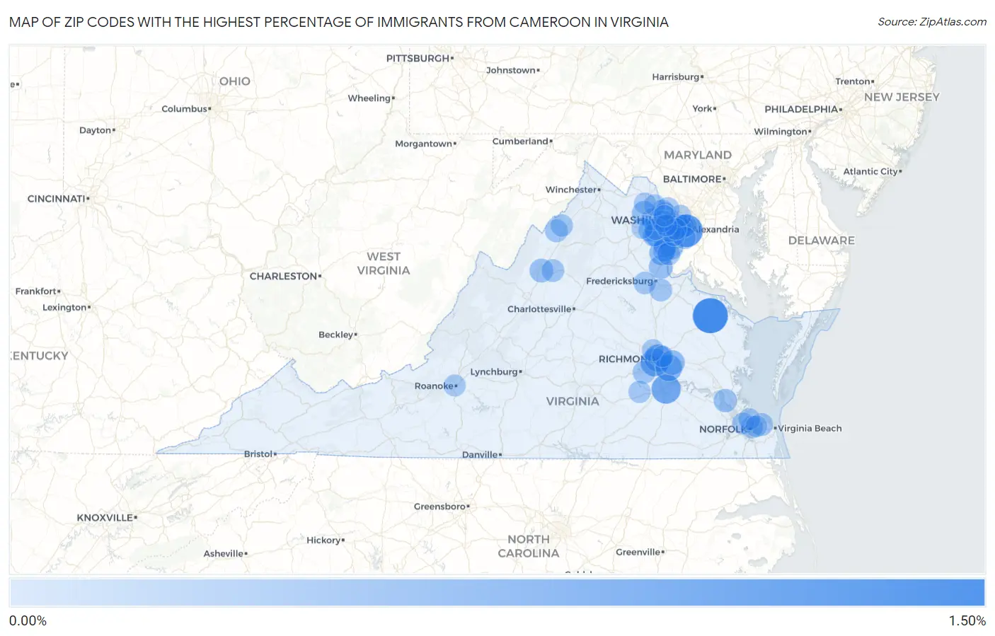 Zip Codes with the Highest Percentage of Immigrants from Cameroon in Virginia Map