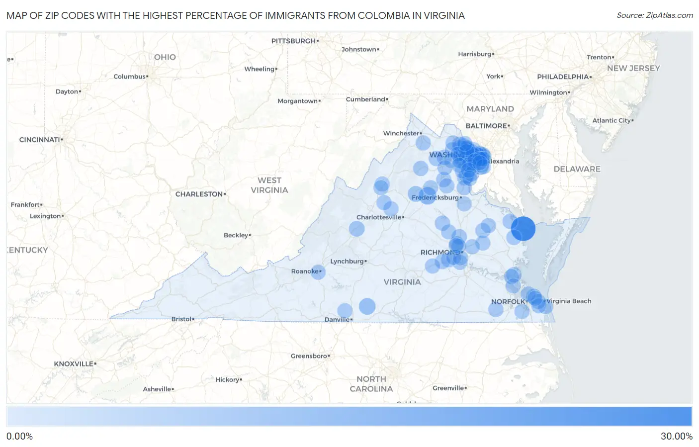 Zip Codes with the Highest Percentage of Immigrants from Colombia in Virginia Map