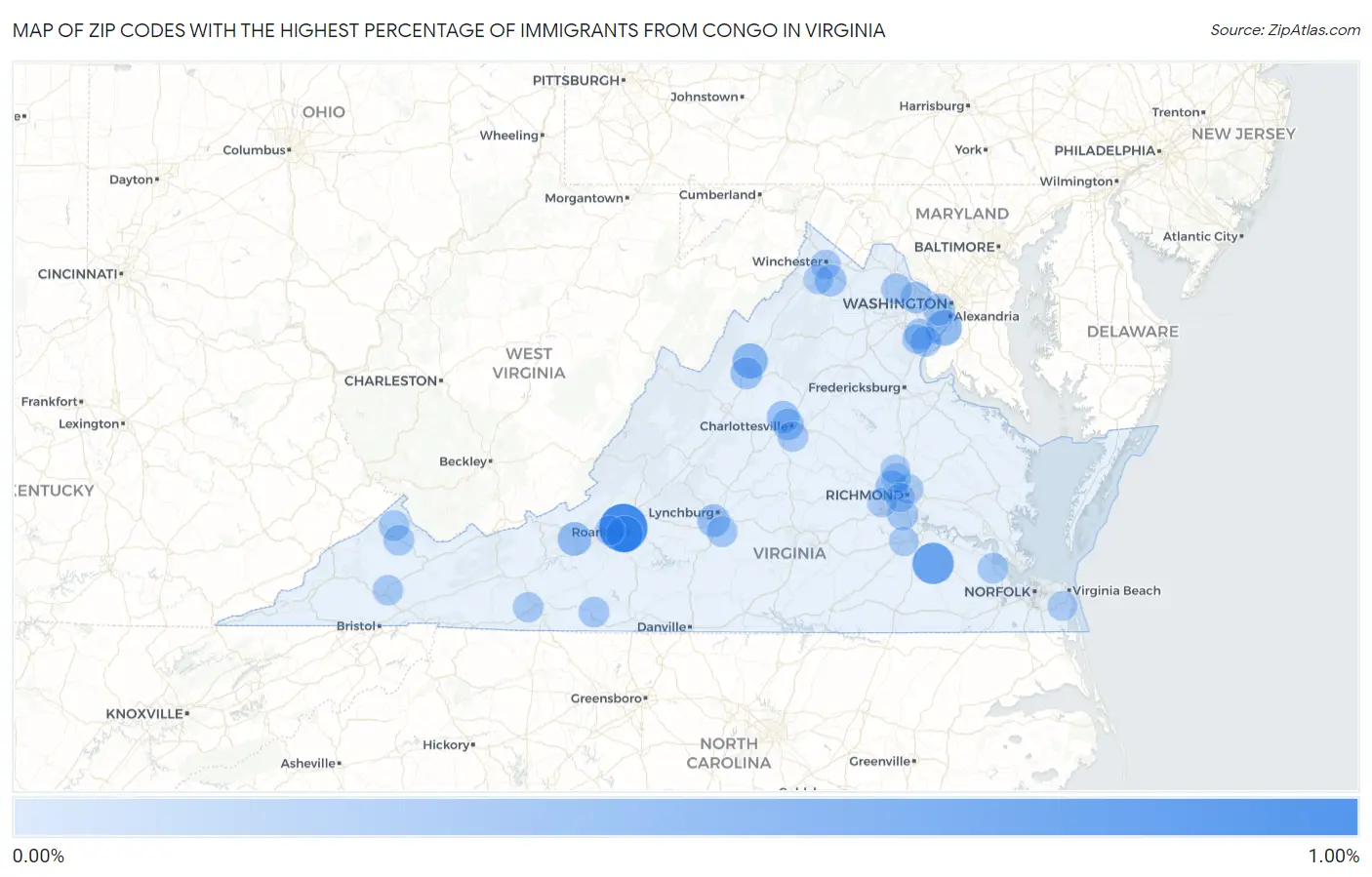 Zip Codes with the Highest Percentage of Immigrants from Congo in Virginia Map