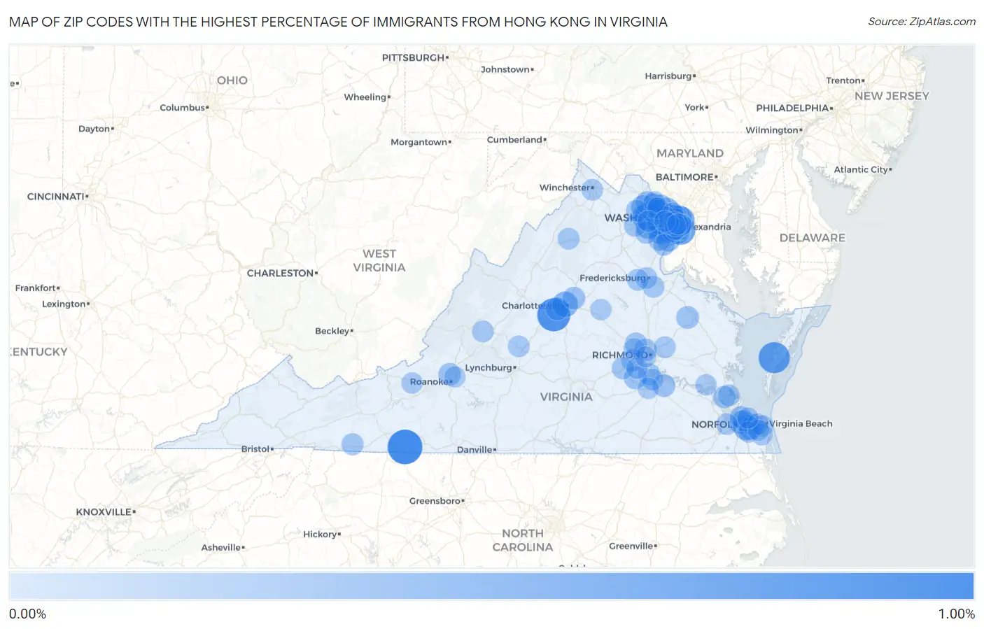 Zip Codes with the Highest Percentage of Immigrants from Hong Kong in Virginia Map