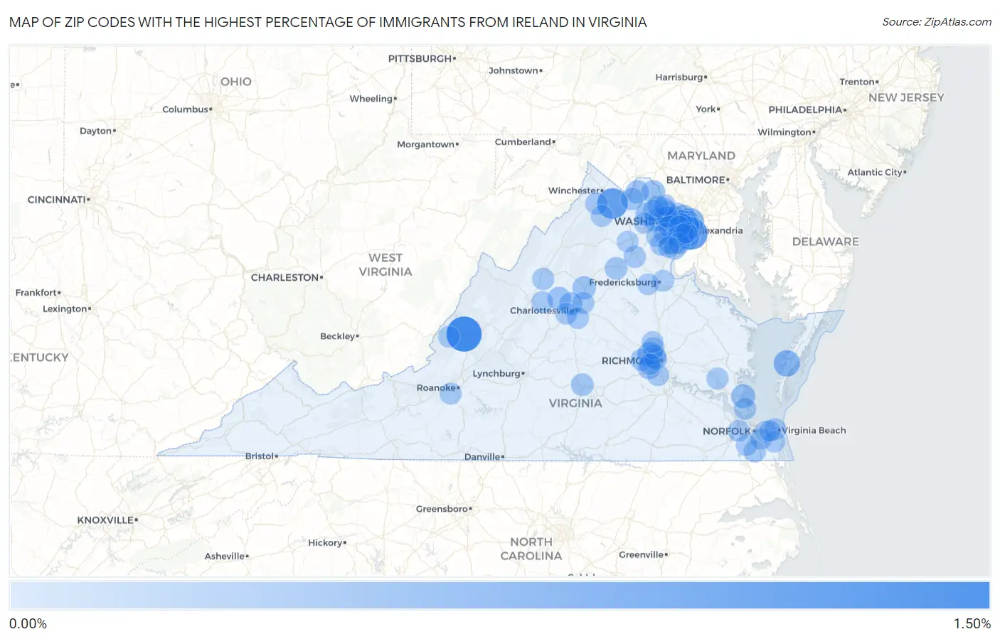 Zip Codes with the Highest Percentage of Immigrants from Ireland in Virginia Map
