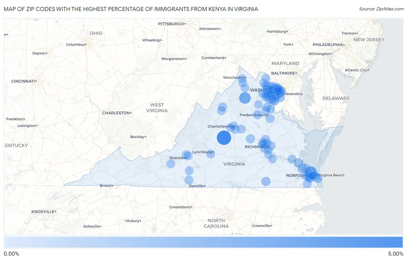 Zip Codes with the Highest Percentage of Immigrants from Kenya in Virginia Map