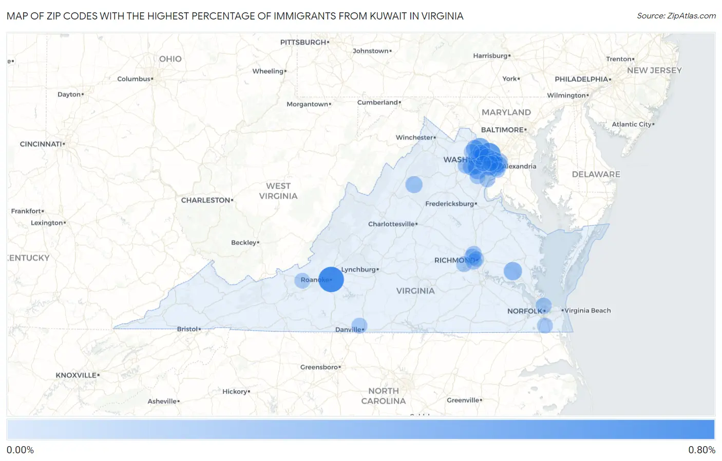 Zip Codes with the Highest Percentage of Immigrants from Kuwait in Virginia Map