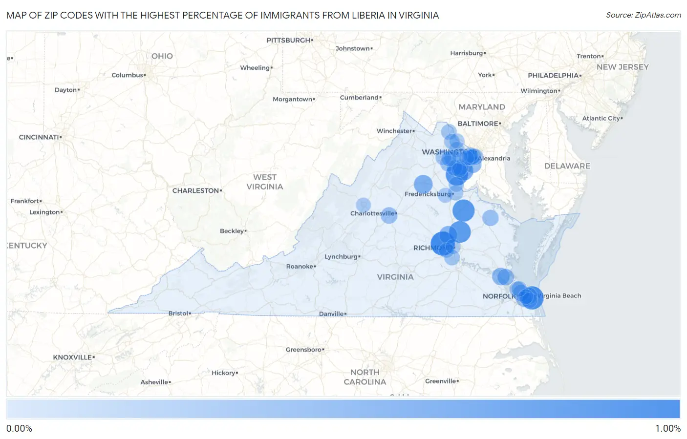 Zip Codes with the Highest Percentage of Immigrants from Liberia in Virginia Map