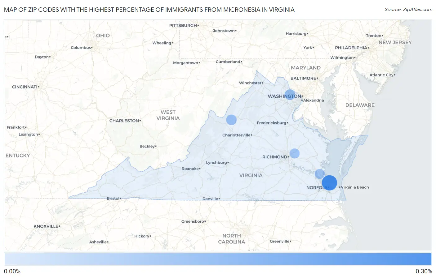 Zip Codes with the Highest Percentage of Immigrants from Micronesia in Virginia Map