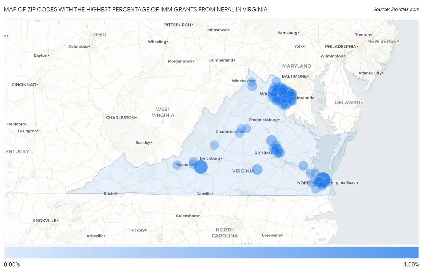 Zip Codes with the Highest Percentage of Immigrants from Nepal in Virginia Map