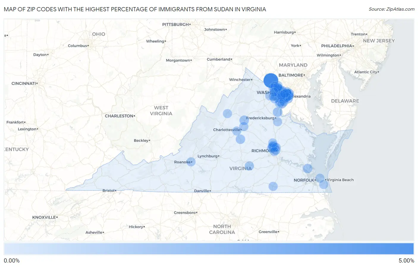 Zip Codes with the Highest Percentage of Immigrants from Sudan in Virginia Map