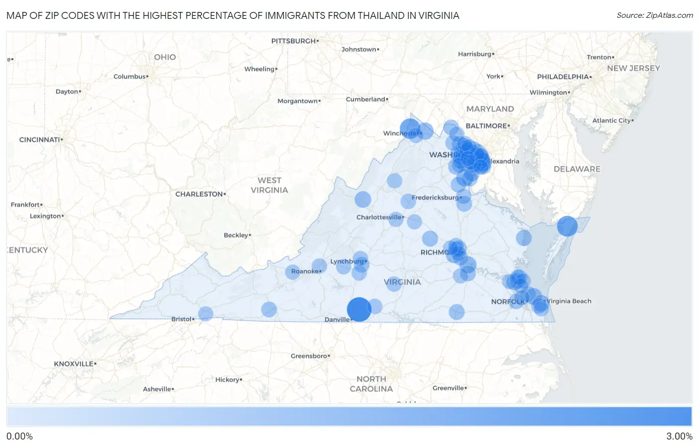Zip Codes with the Highest Percentage of Immigrants from Thailand in Virginia Map