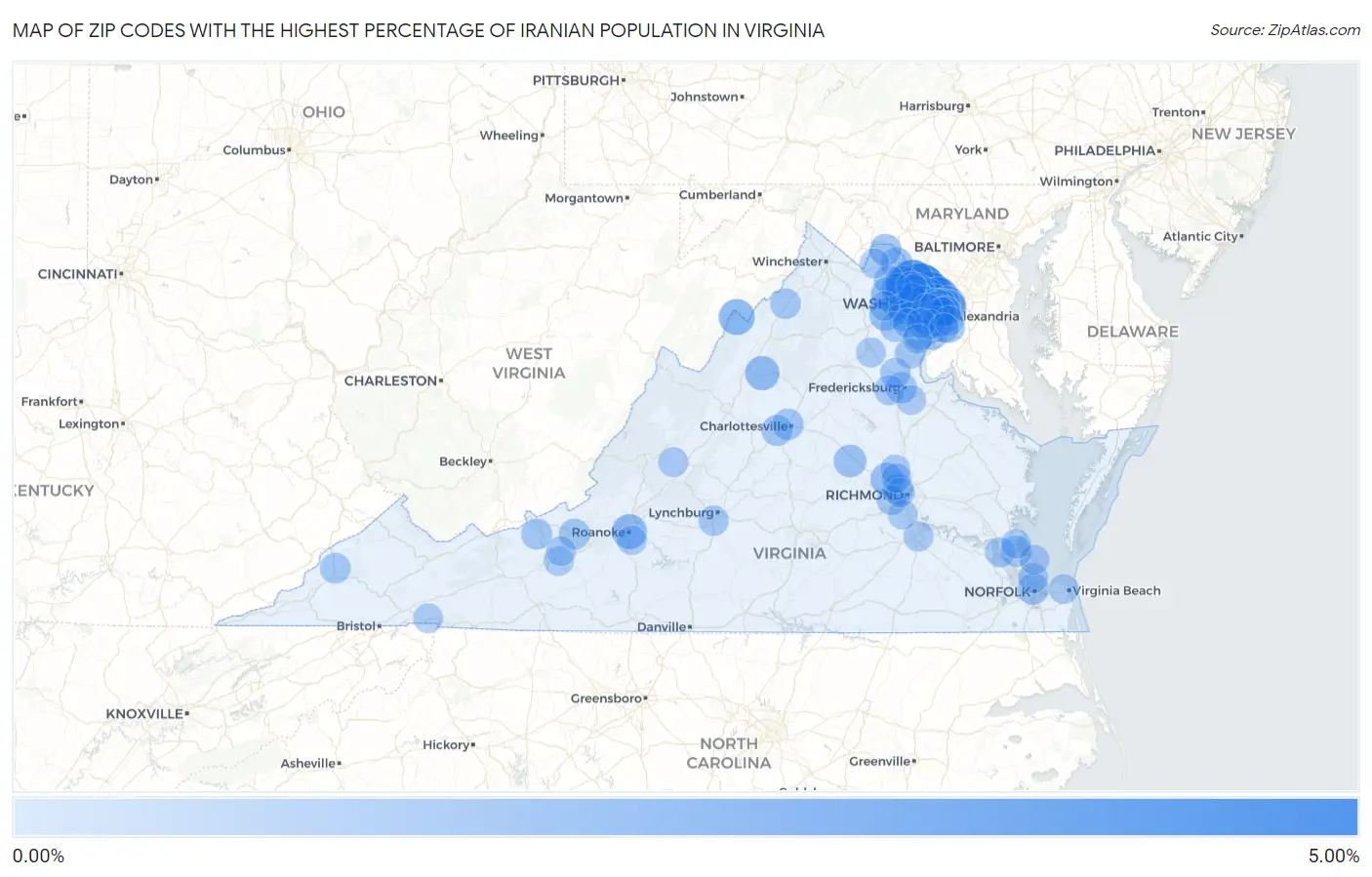 Zip Codes with the Highest Percentage of Iranian Population in Virginia Map