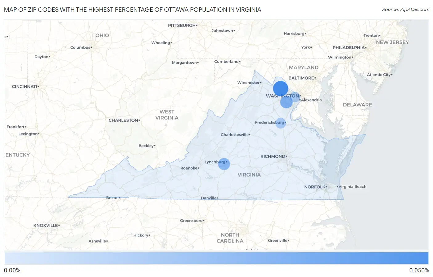Zip Codes with the Highest Percentage of Ottawa Population in Virginia Map