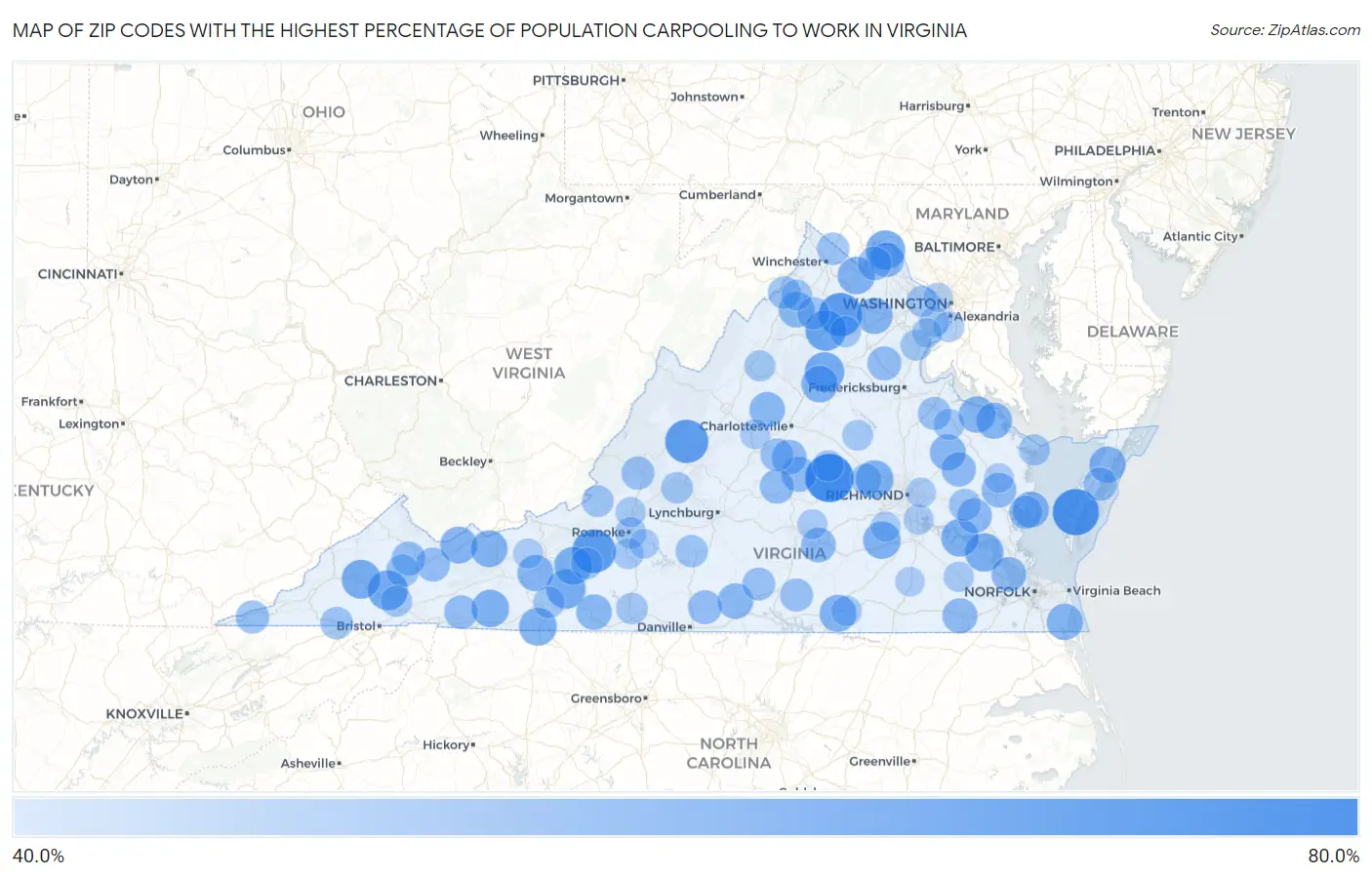 Zip Codes with the Highest Percentage of Population Carpooling to Work in Virginia Map