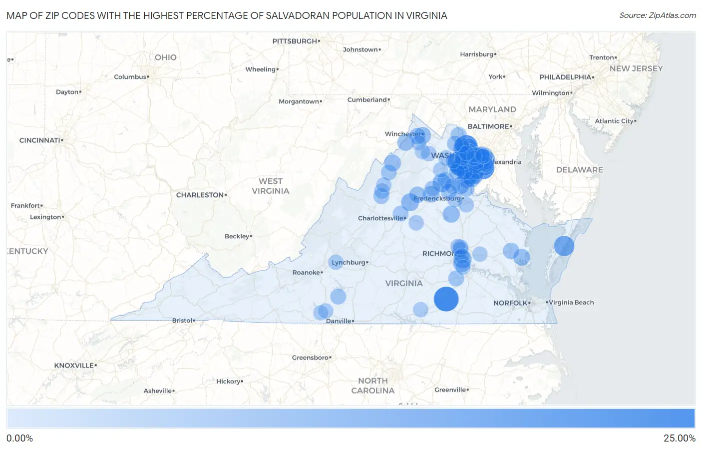 Zip Codes with the Highest Percentage of Salvadoran Population in Virginia Map