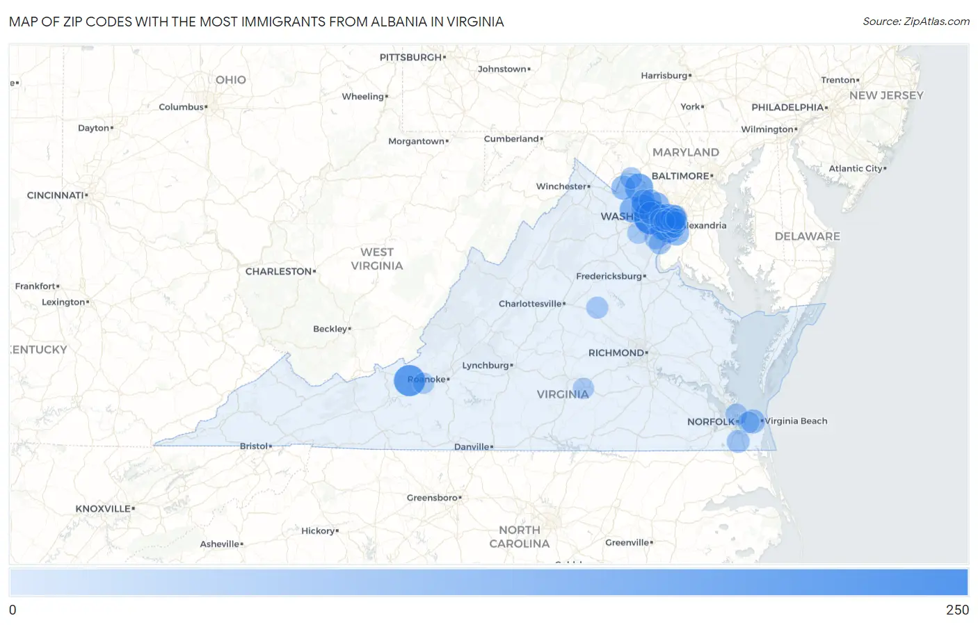 Zip Codes with the Most Immigrants from Albania in Virginia Map