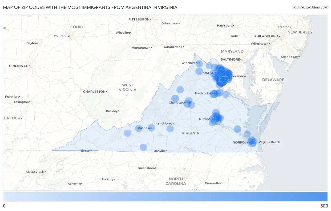 Zip Codes with the Most Immigrants from Argentina in Virginia Map