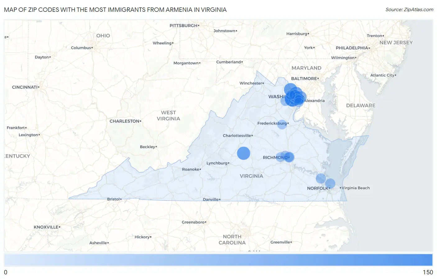 Zip Codes with the Most Immigrants from Armenia in Virginia Map