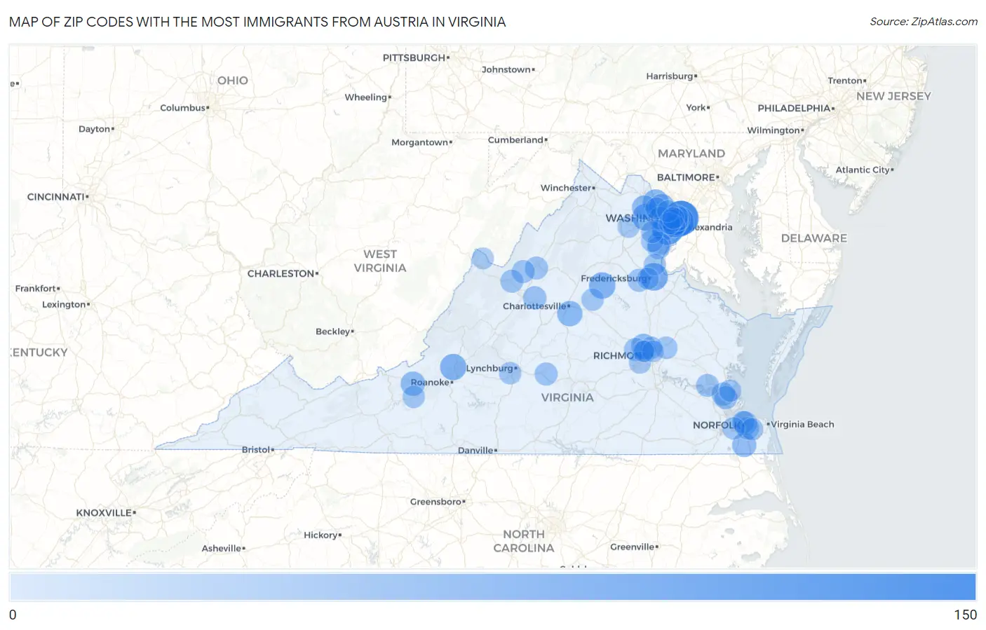 Zip Codes with the Most Immigrants from Austria in Virginia Map