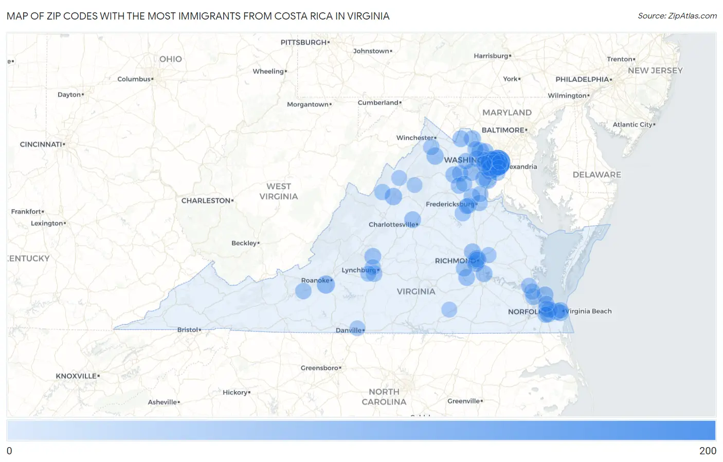 Zip Codes with the Most Immigrants from Costa Rica in Virginia Map