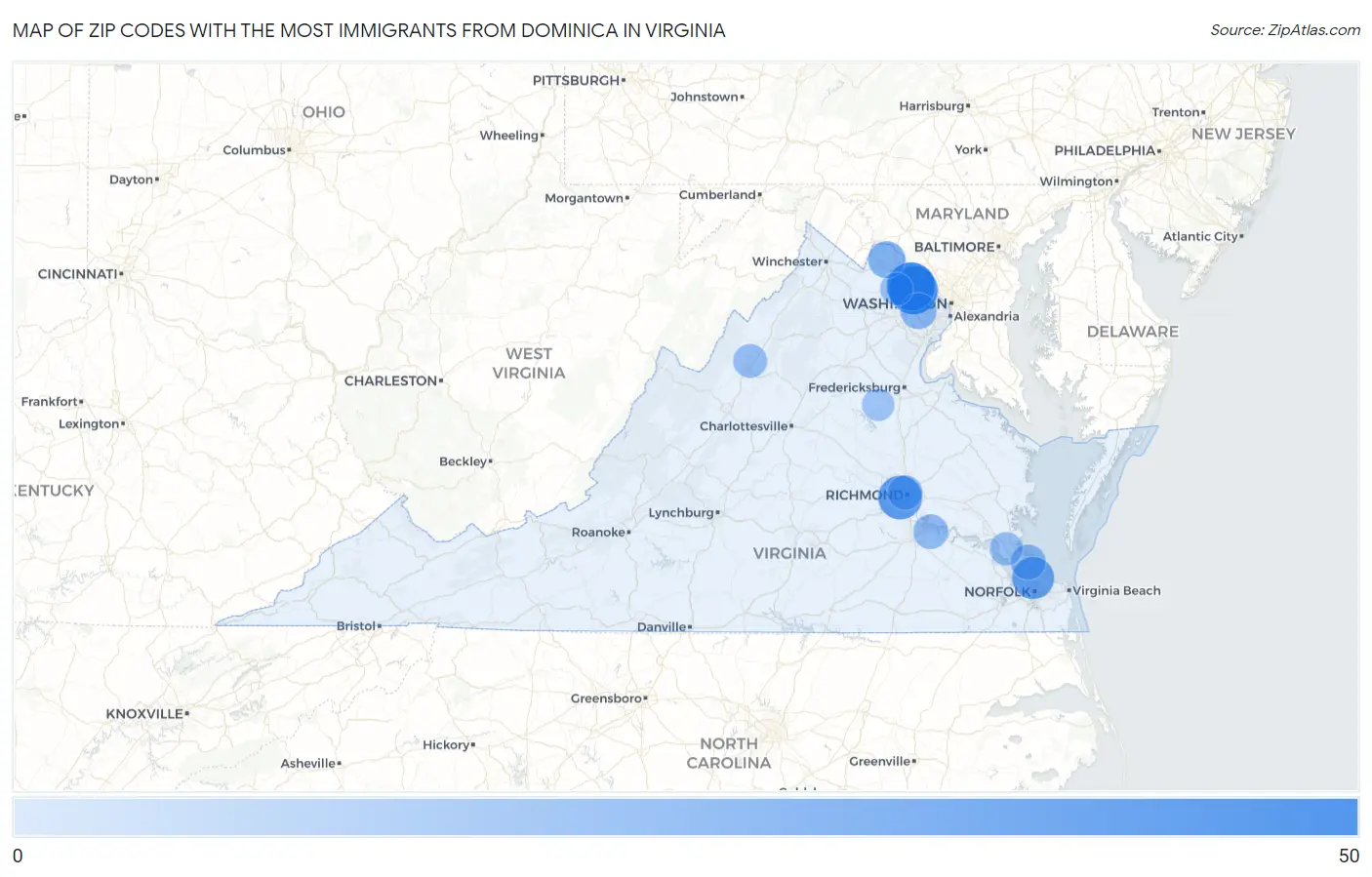Zip Codes with the Most Immigrants from Dominica in Virginia Map