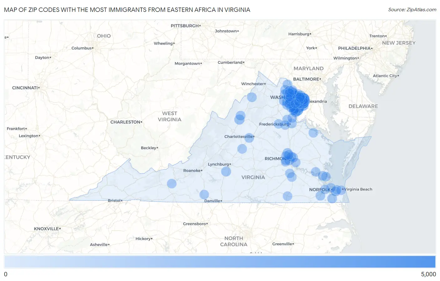 Zip Codes with the Most Immigrants from Eastern Africa in Virginia Map