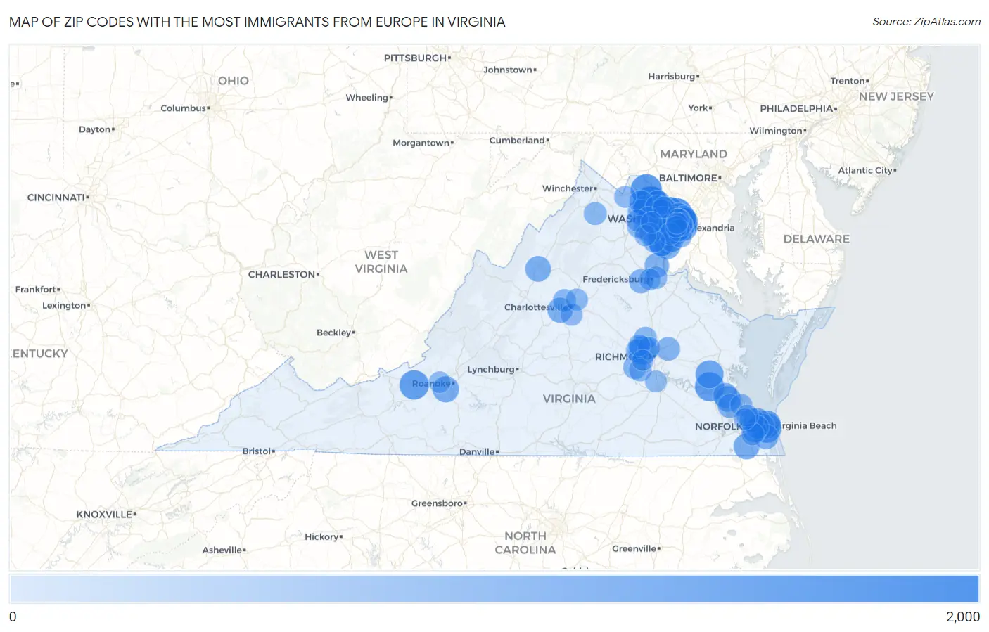 Zip Codes with the Most Immigrants from Europe in Virginia Map