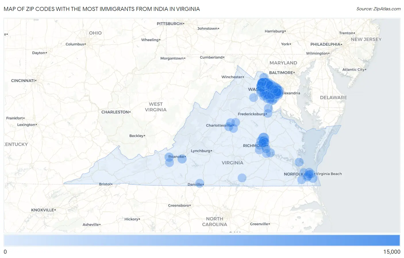 Zip Codes with the Most Immigrants from India in Virginia Map