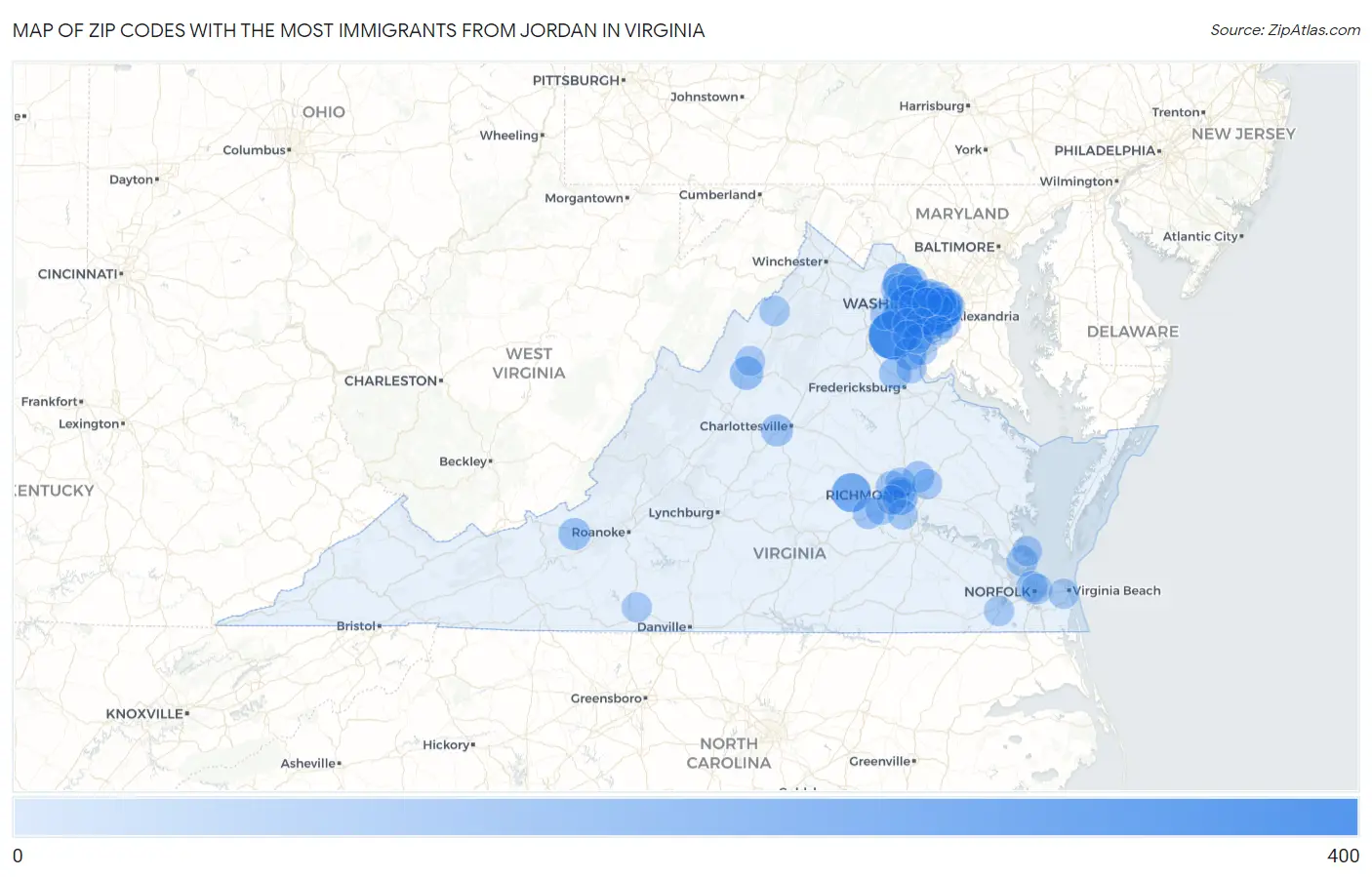 Zip Codes with the Most Immigrants from Jordan in Virginia Map