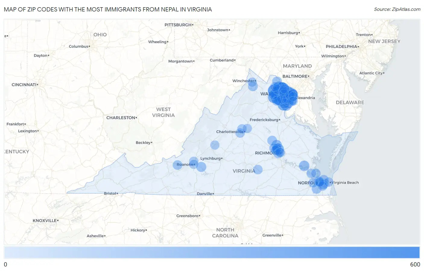 Zip Codes with the Most Immigrants from Nepal in Virginia Map