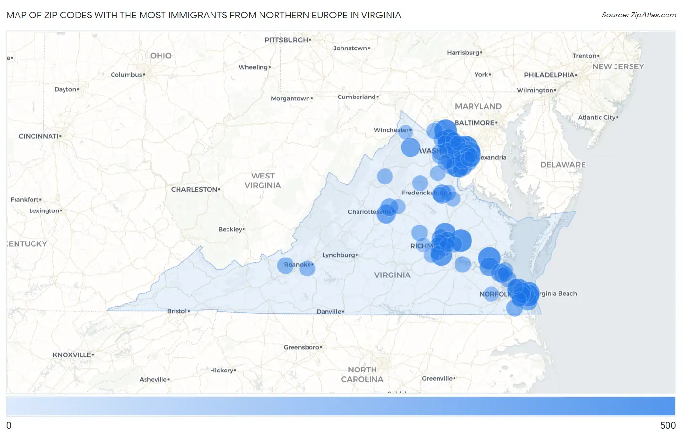 Zip Codes with the Most Immigrants from Northern Europe in Virginia Map