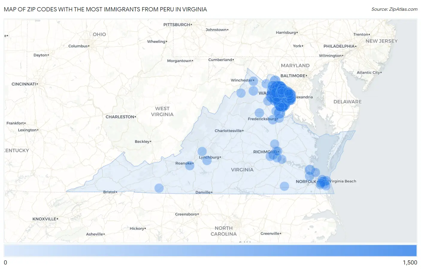 Zip Codes with the Most Immigrants from Peru in Virginia Map
