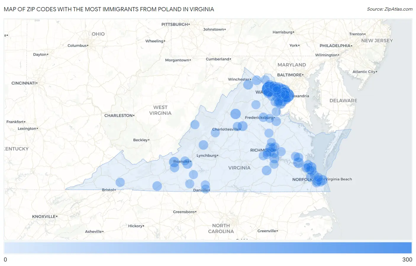 Zip Codes with the Most Immigrants from Poland in Virginia Map