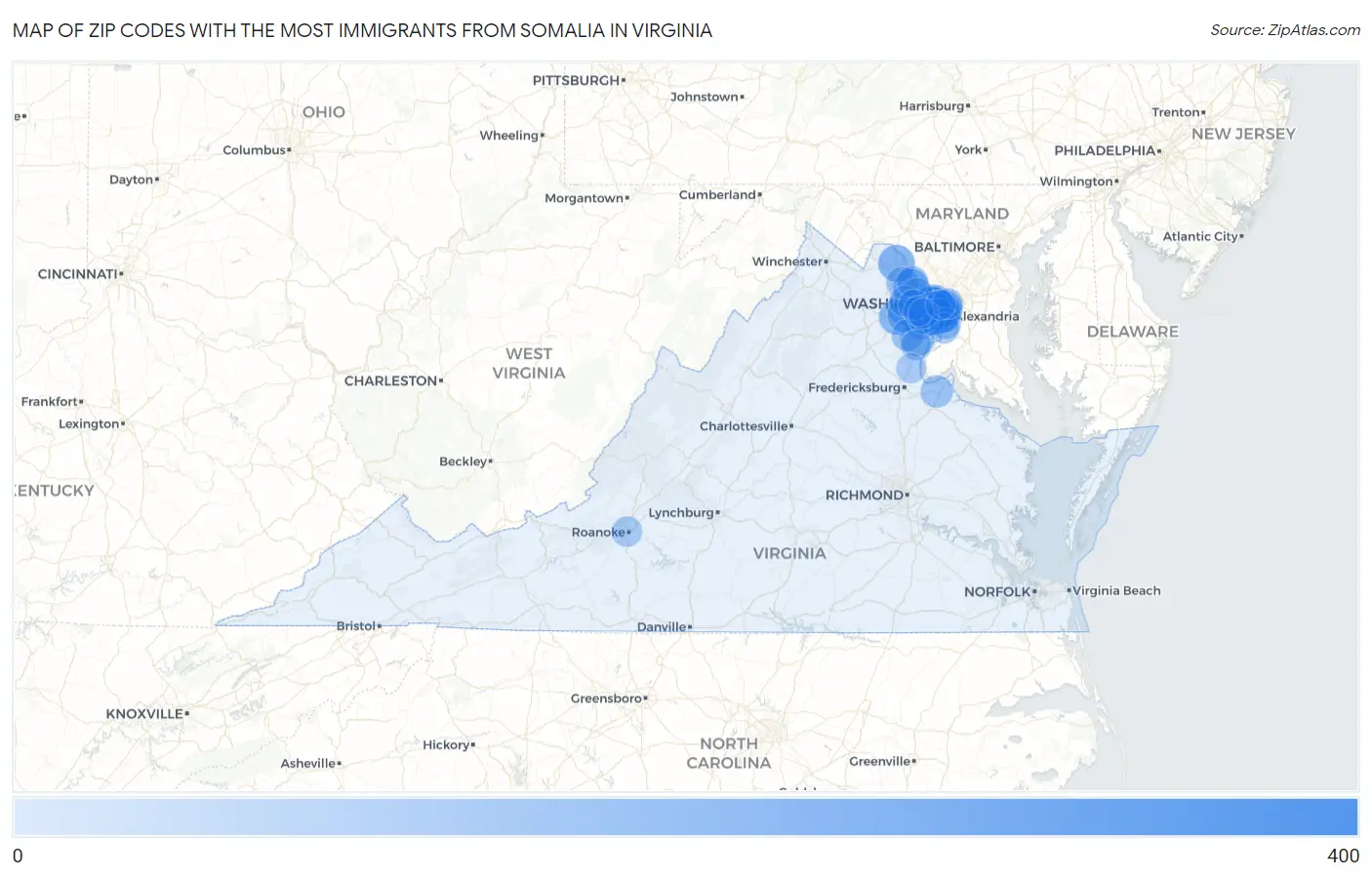 Zip Codes with the Most Immigrants from Somalia in Virginia Map