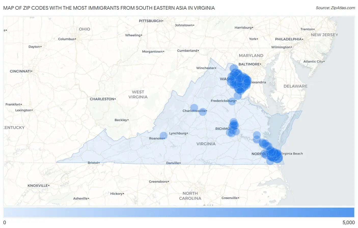 Zip Codes with the Most Immigrants from South Eastern Asia in Virginia Map