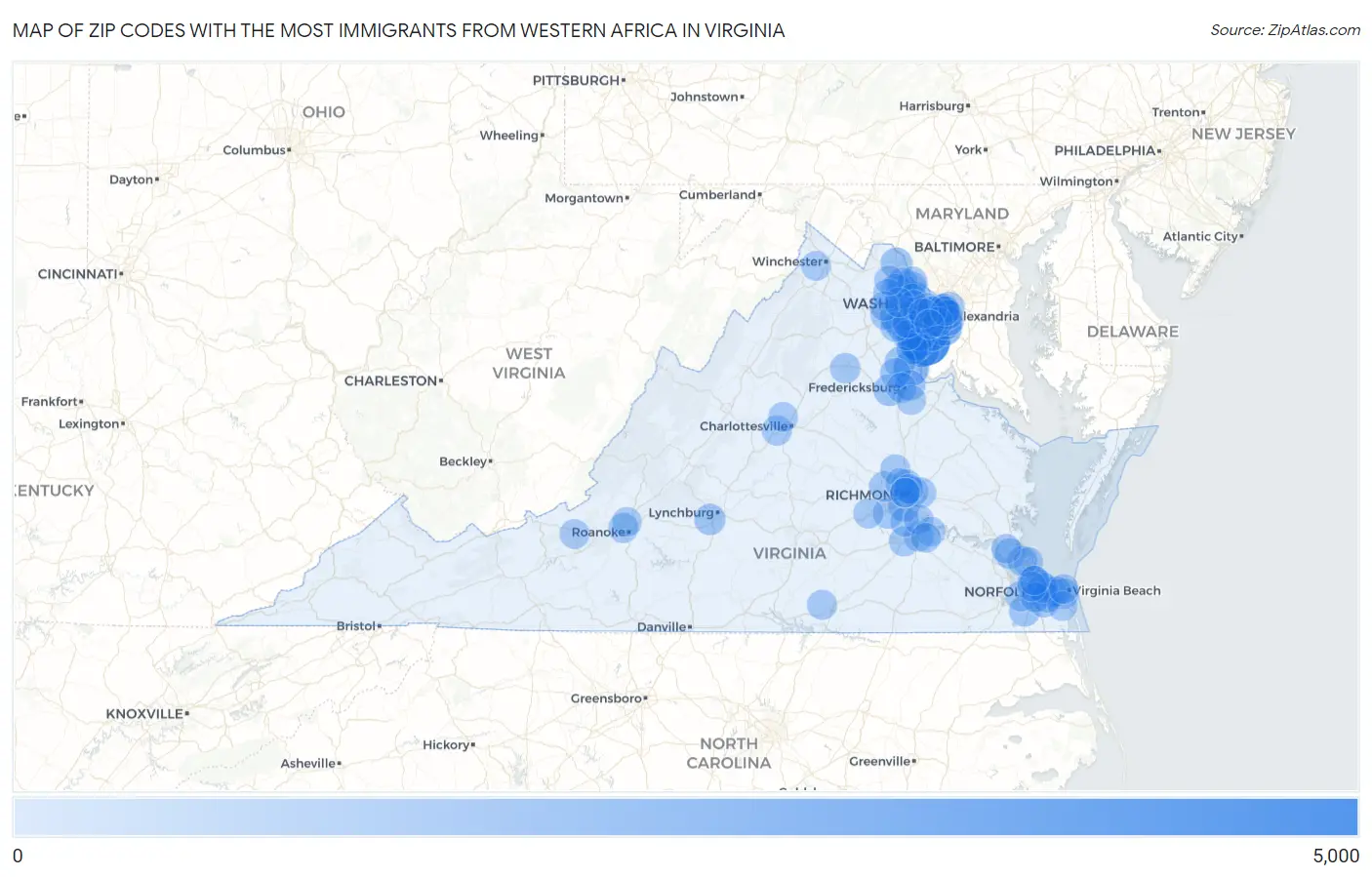 Zip Codes with the Most Immigrants from Western Africa in Virginia Map