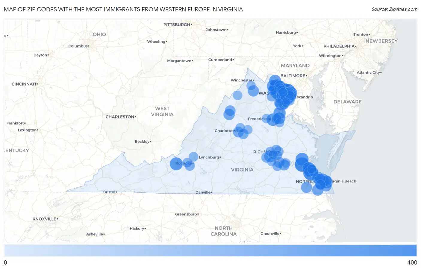 Zip Codes with the Most Immigrants from Western Europe in Virginia Map