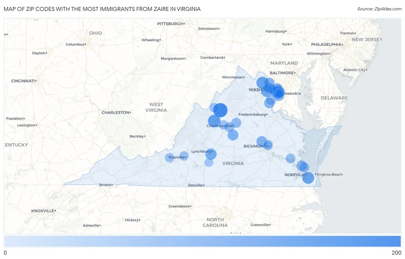 Zip Codes with the Most Immigrants from Zaire in Virginia Map