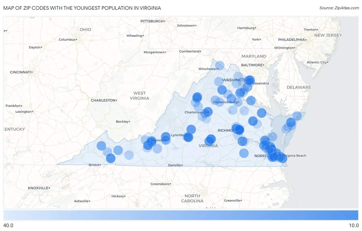 Zip Codes with the Youngest Population in Virginia Map