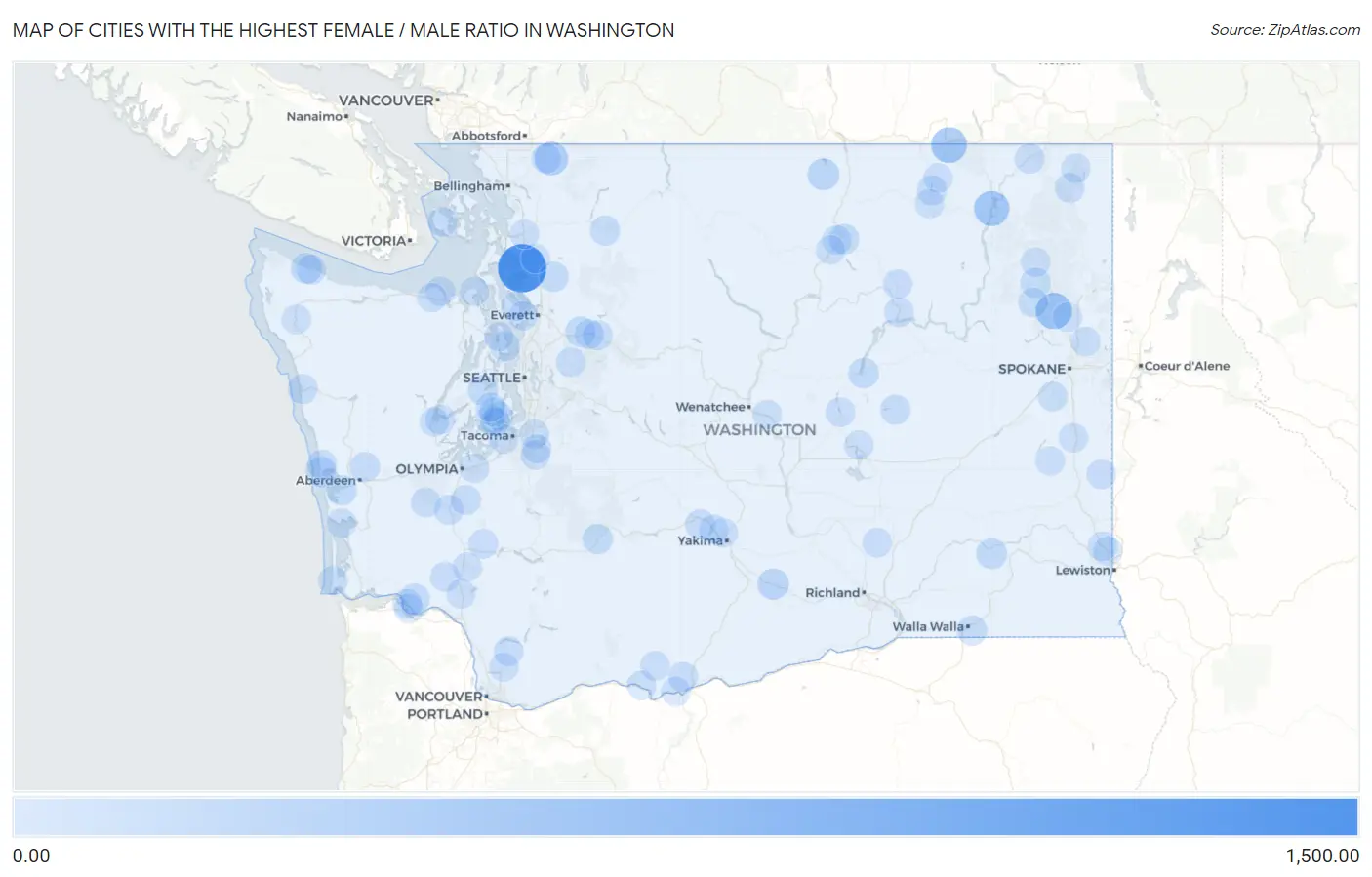 Cities with the Highest Female / Male Ratio in Washington Map