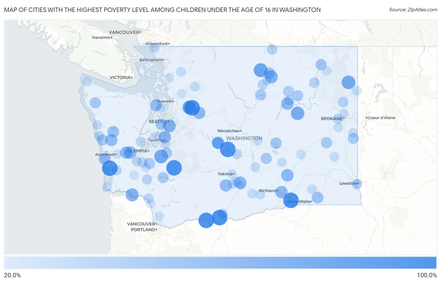 Cities with the Highest Poverty Level Among Children Under the Age of 16 in Washington Map