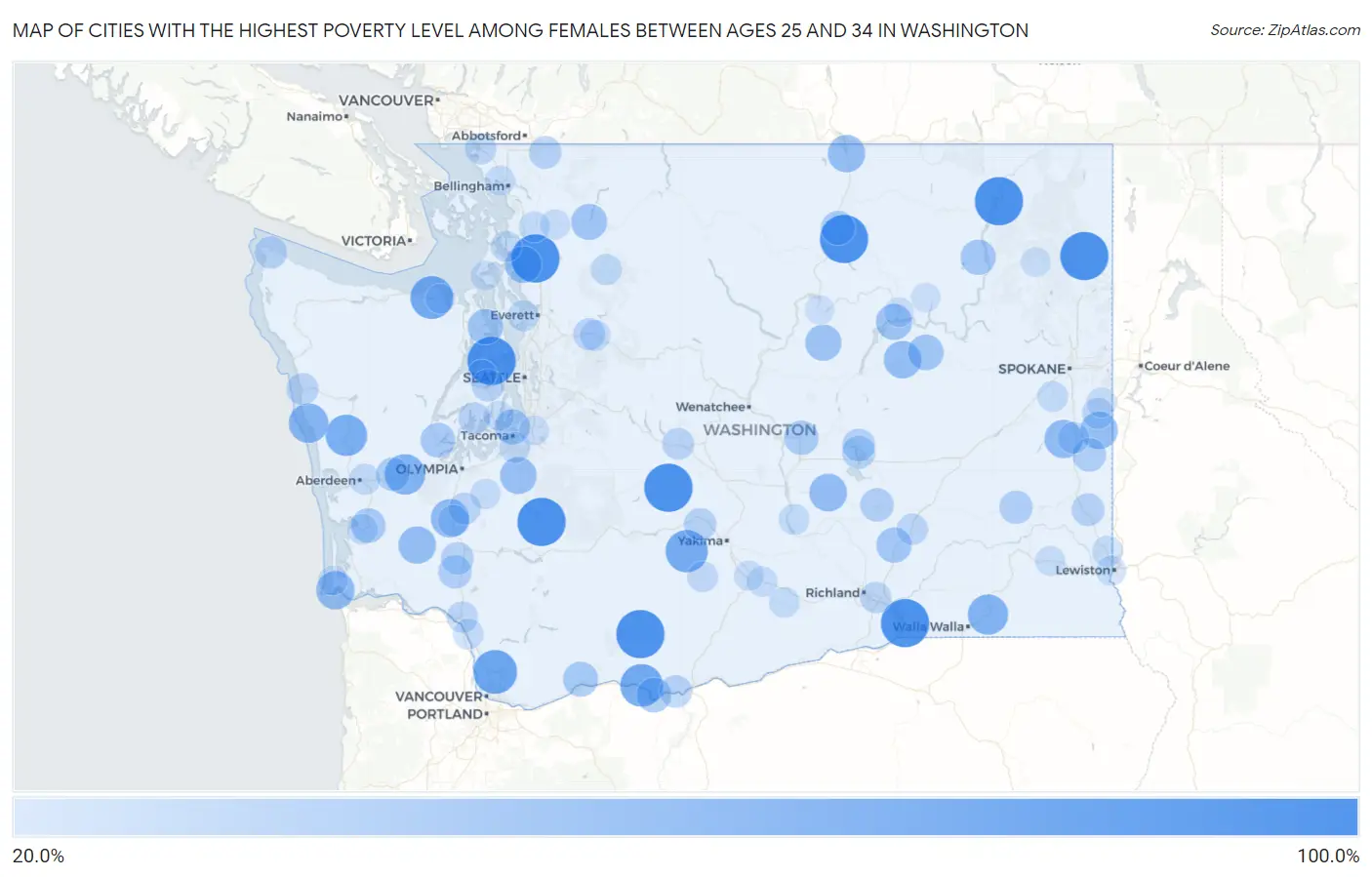 Cities with the Highest Poverty Level Among Females Between Ages 25 and 34 in Washington Map