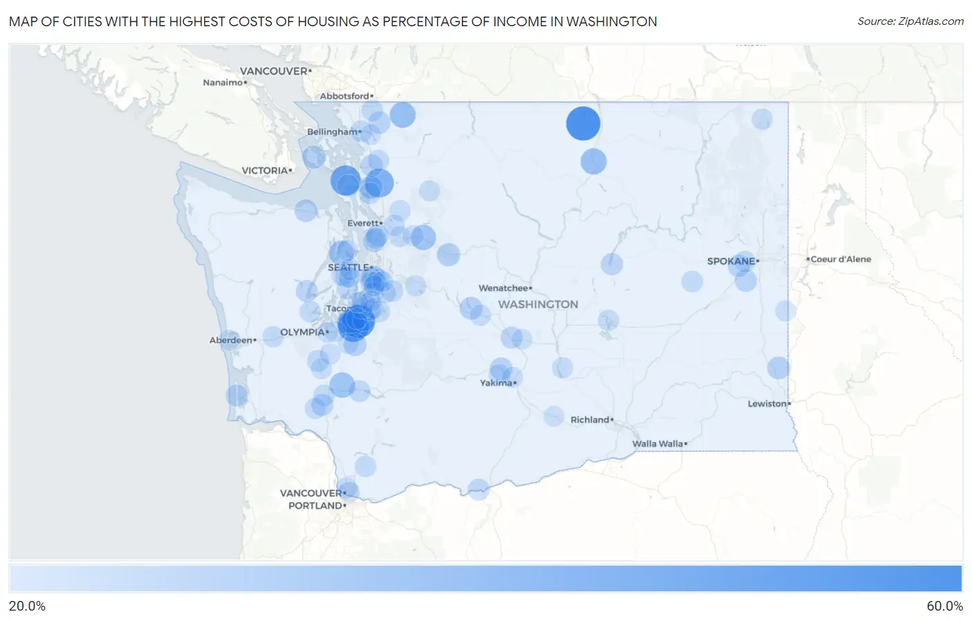 Cities with the Highest Costs of Housing as Percentage of Income in Washington Map