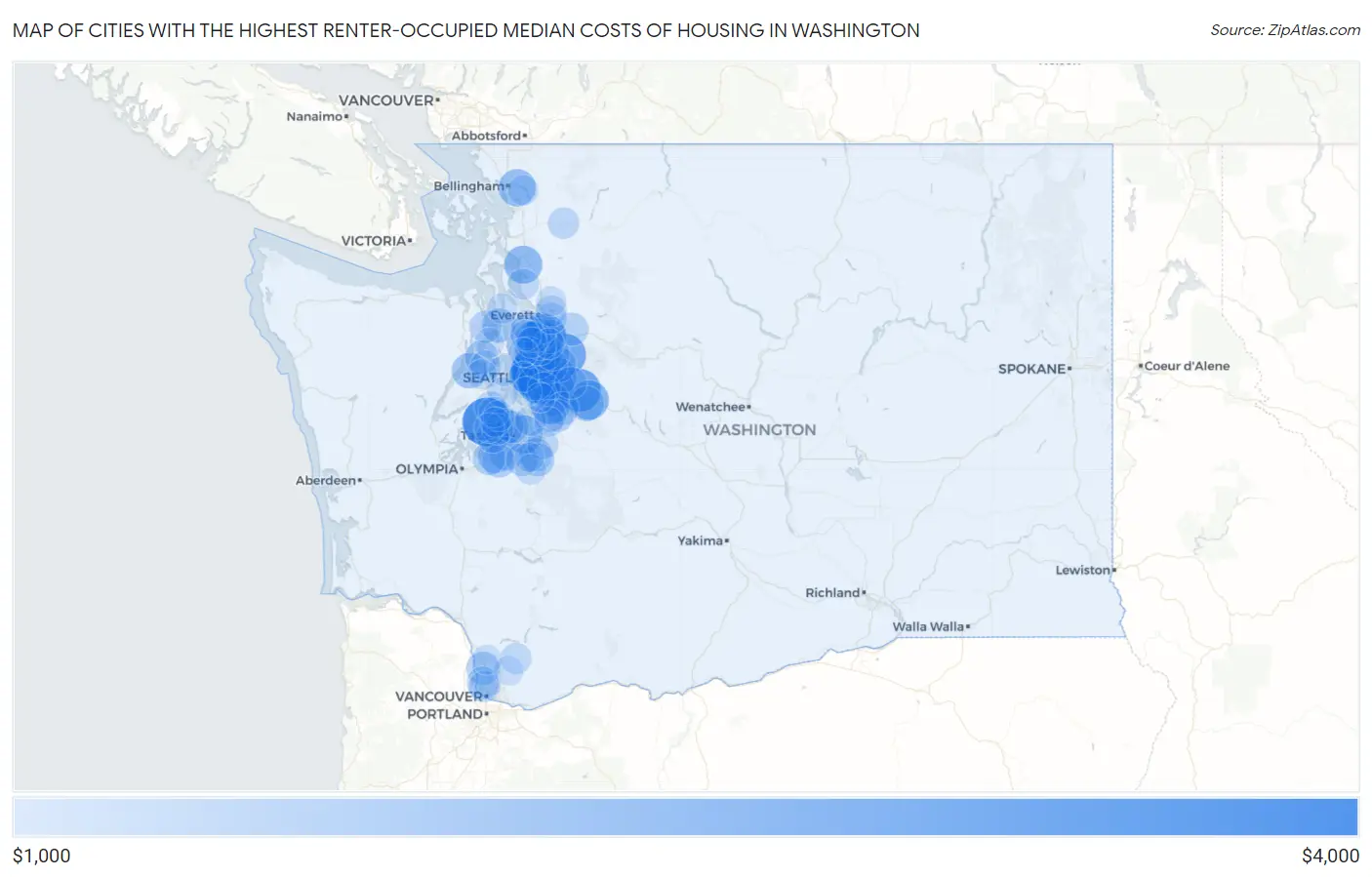 Cities with the Highest Renter-Occupied Median Costs of Housing in Washington Map