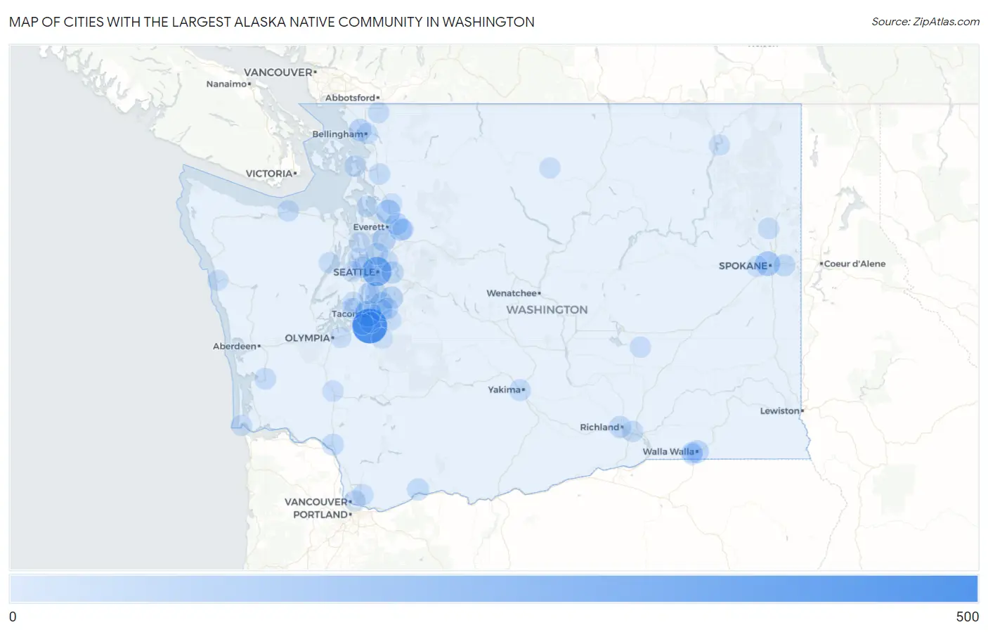 Cities with the Largest Alaska Native Community in Washington Map