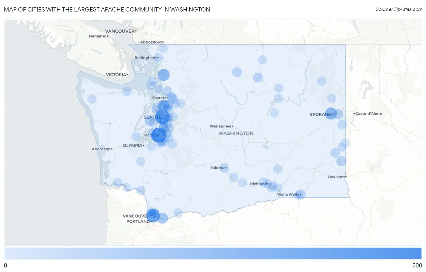 Cities with the Largest Apache Community in Washington Map