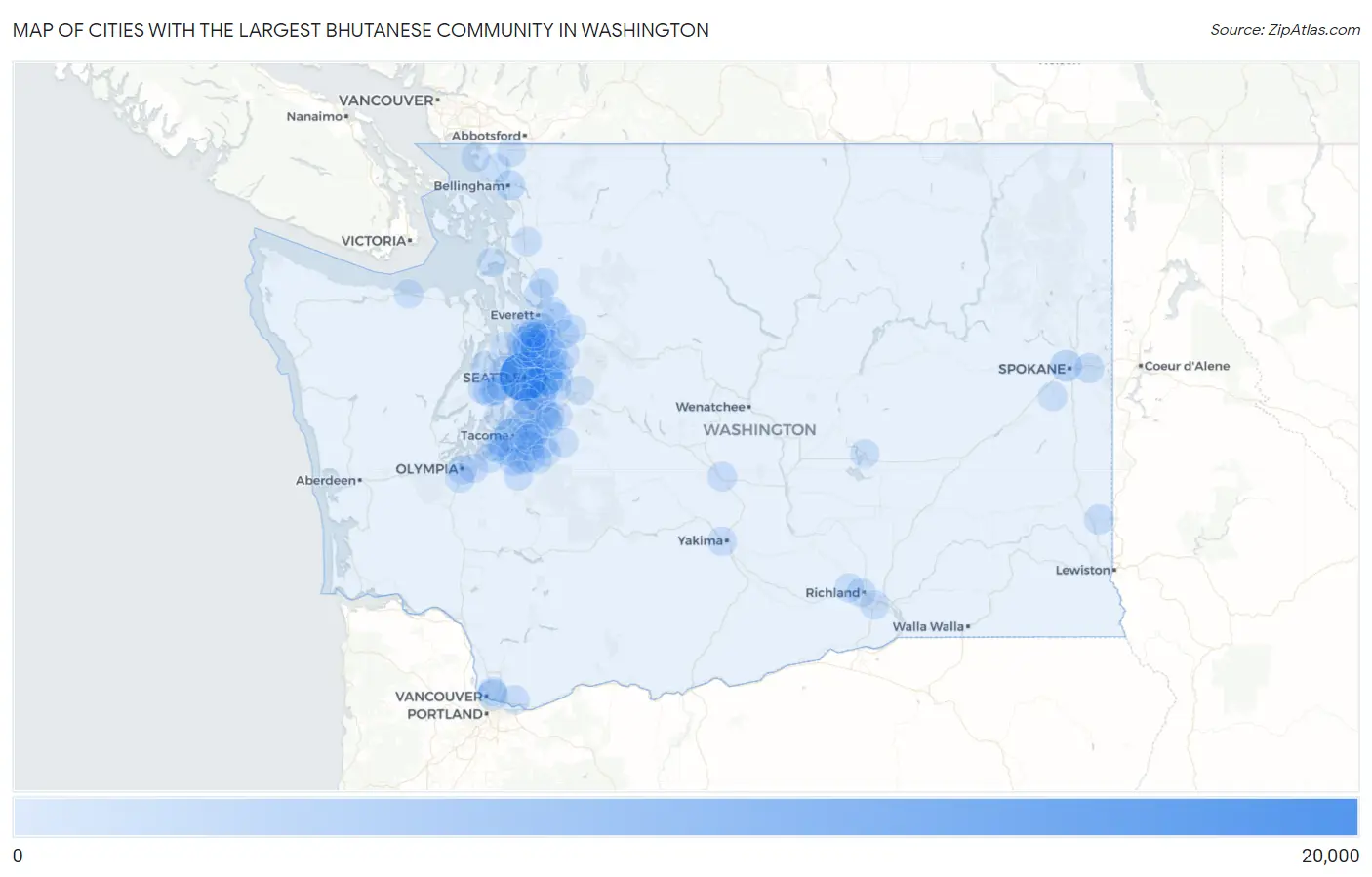 Cities with the Largest Bhutanese Community in Washington Map