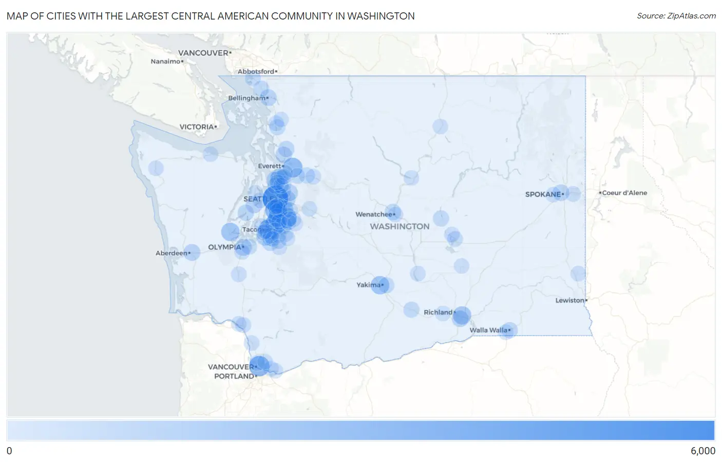 Cities with the Largest Central American Community in Washington Map