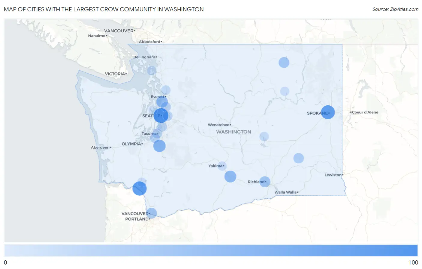 Cities with the Largest Crow Community in Washington Map