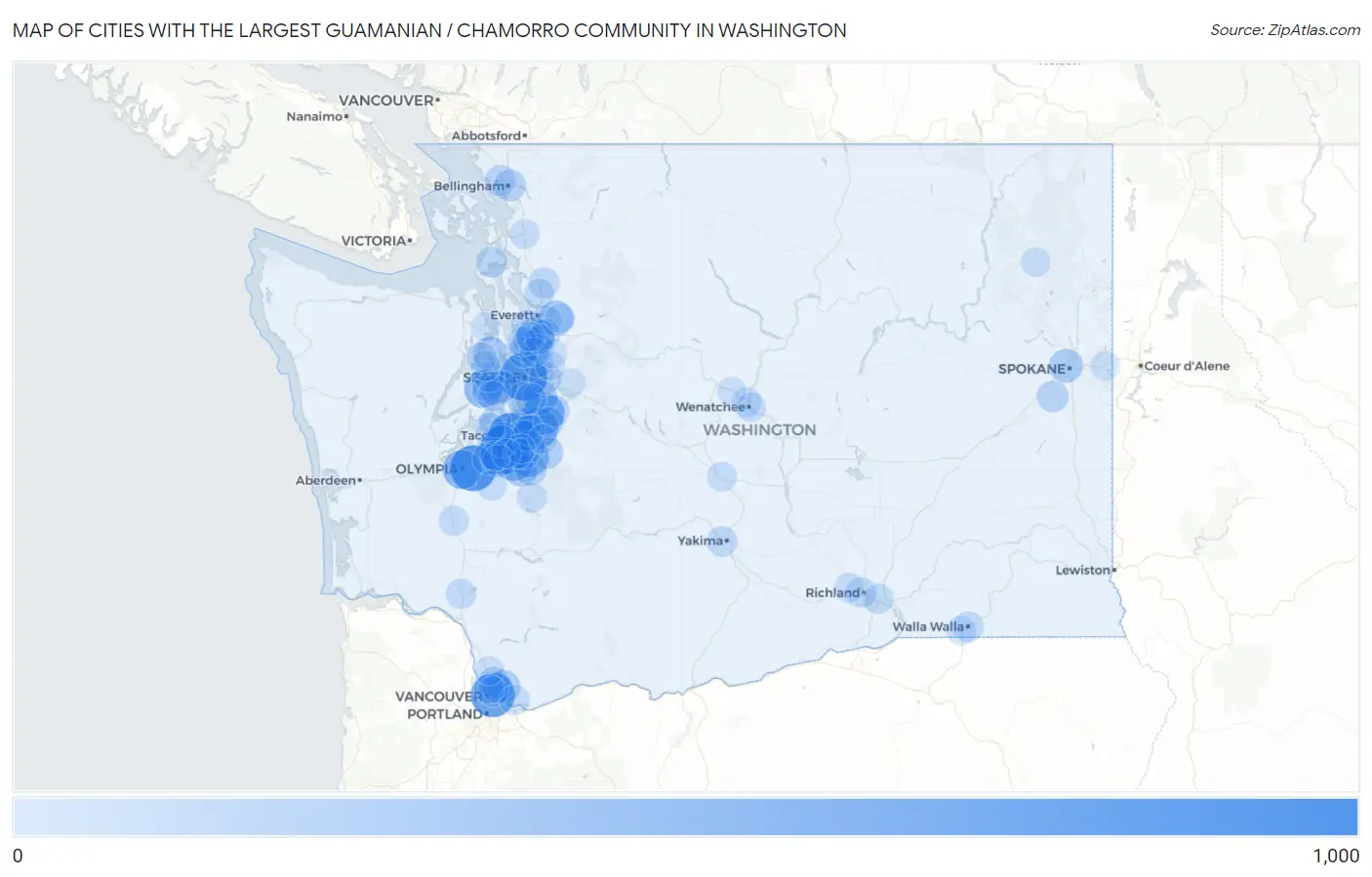 Cities with the Largest Guamanian / Chamorro Community in Washington Map