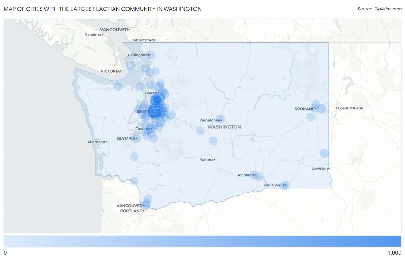 Cities with the Largest Laotian Community in Washington Map